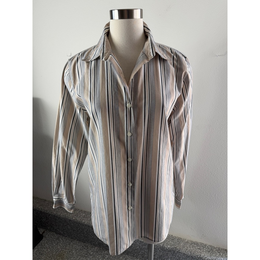 Foxcroft Womens 10 Wrinkle Free Striped Button Down Shirt Tan White Black Stripe